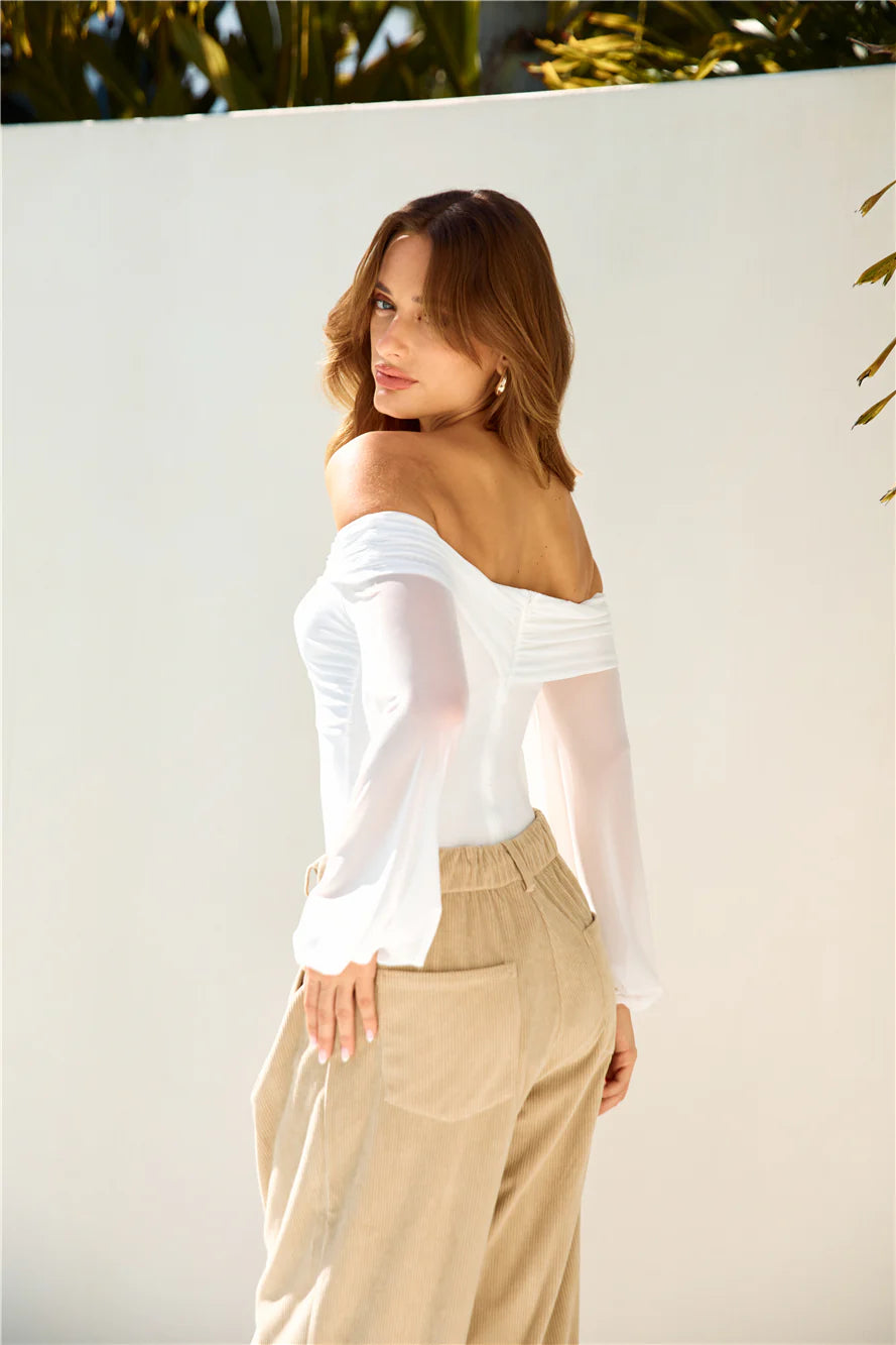 Fashionably Late Off Shoulder Mesh Bodysuit White