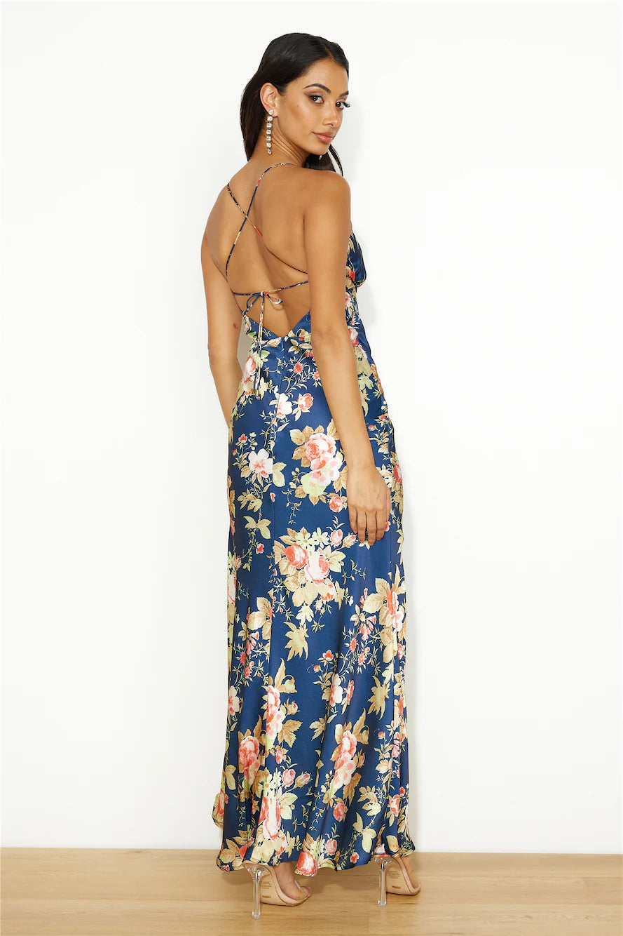 Blooming Passions Satin Maxi Dress Navy