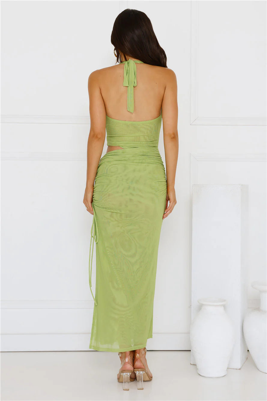 Twirl Me Pretty Mesh Halter Maxi Dress Green