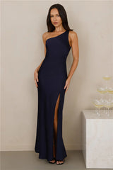 The Aurora One Shoulder Satin Maxi Dress Navy