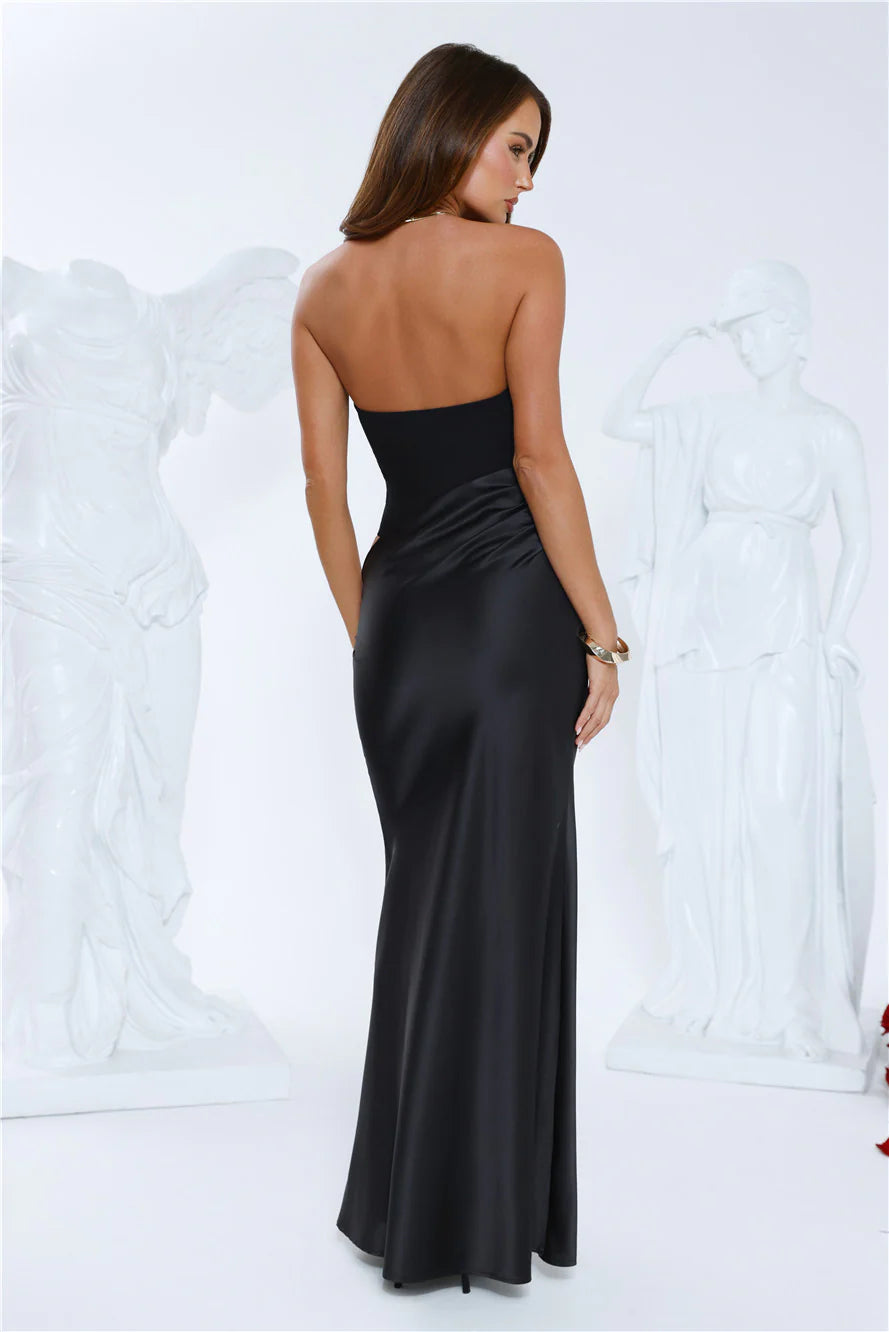 Elevated Simplicity Strapless Satin Maxi Dress Black