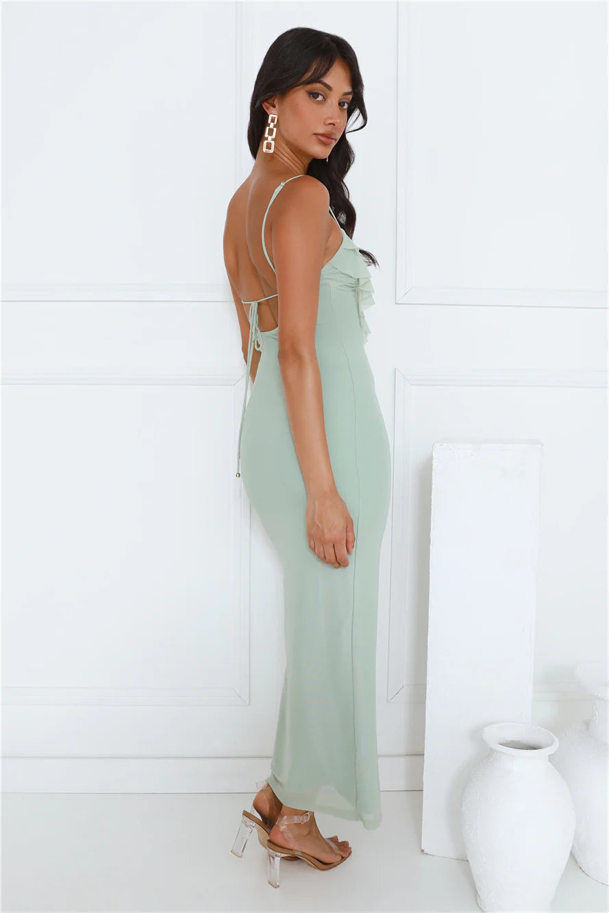 Flaunt It Girl Frill Mesh Maxi Dress Sage