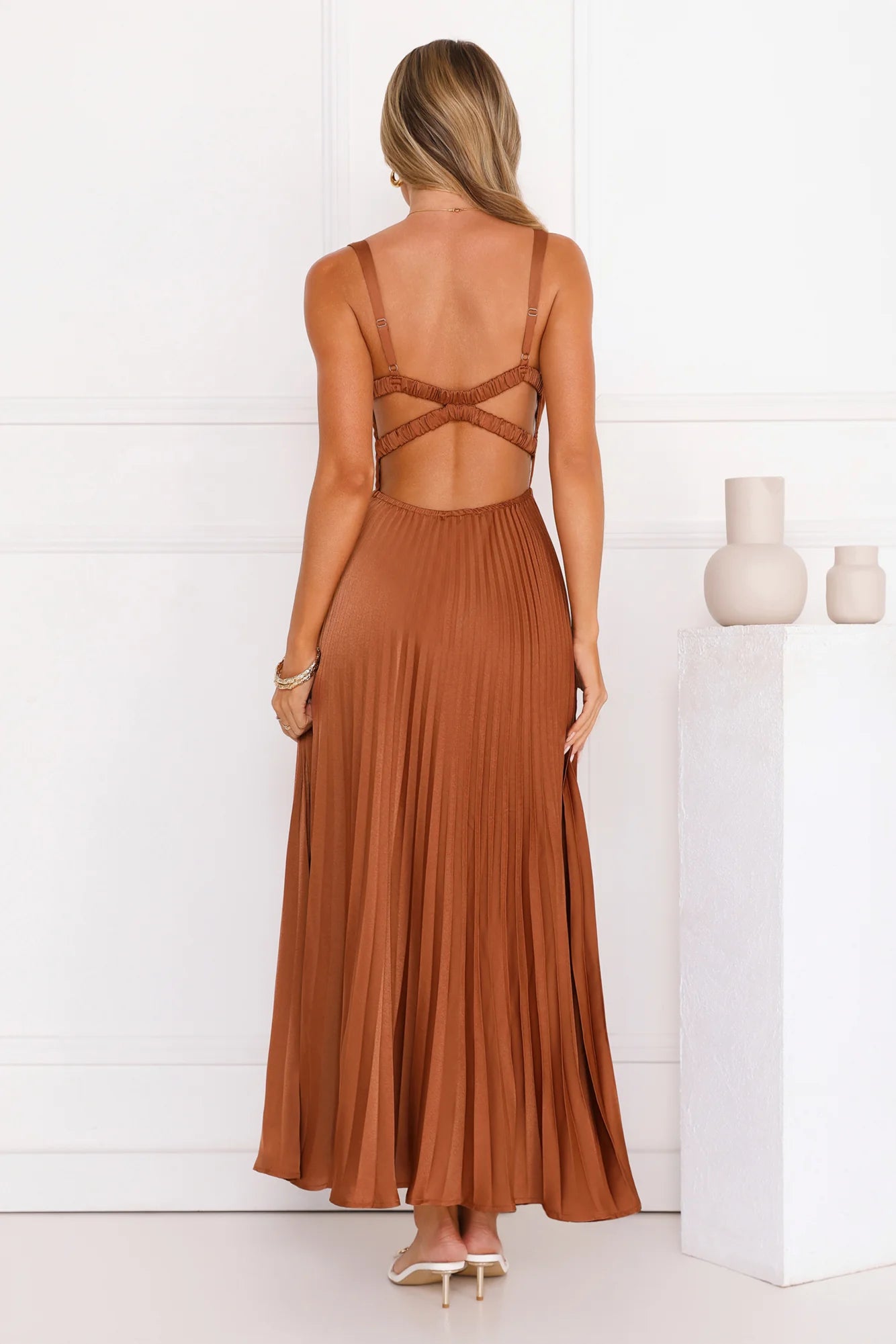 Evening Reverie Pleated Maxi Dress Brown