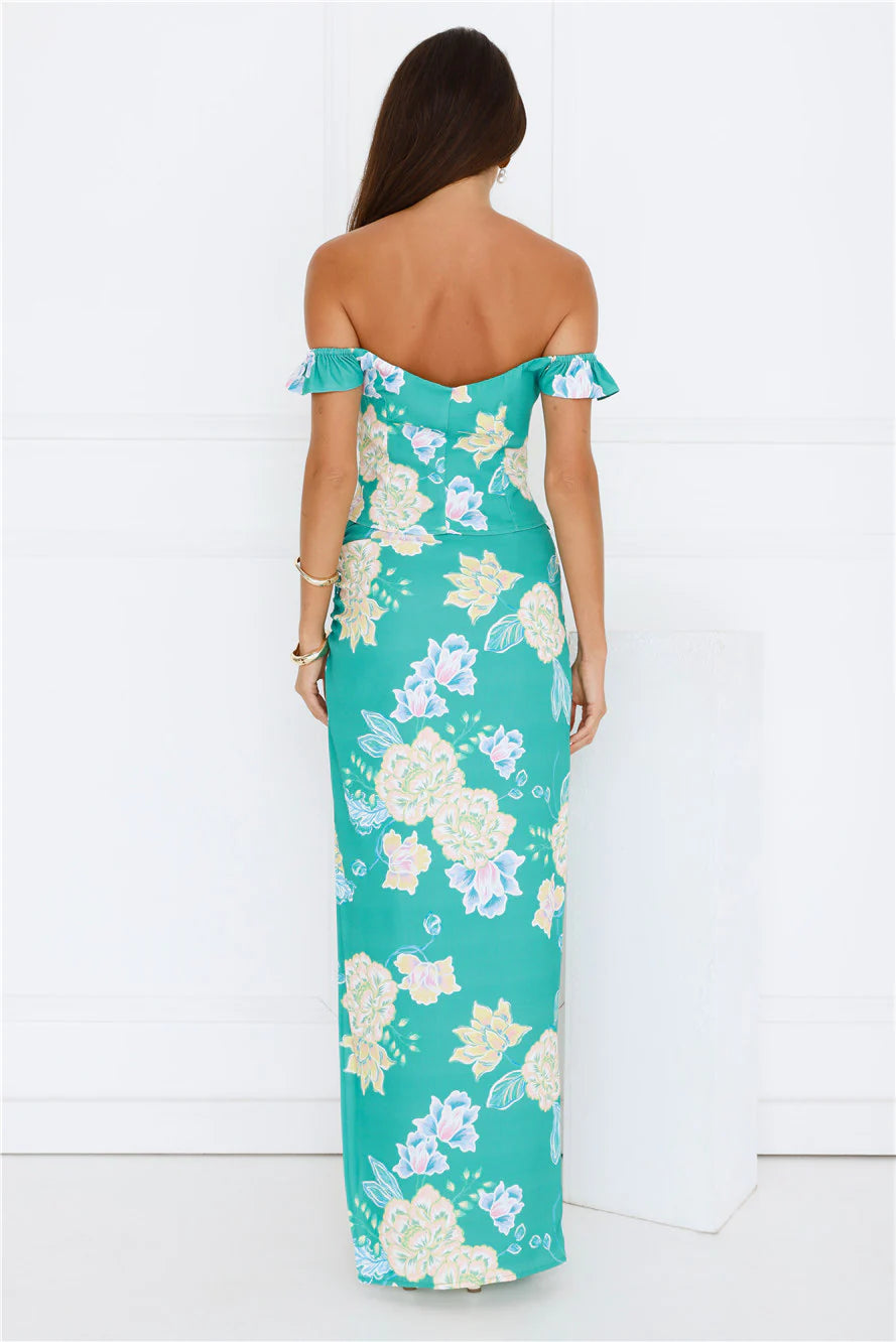 Citrus Wildflowers Off Shoulder Top Green