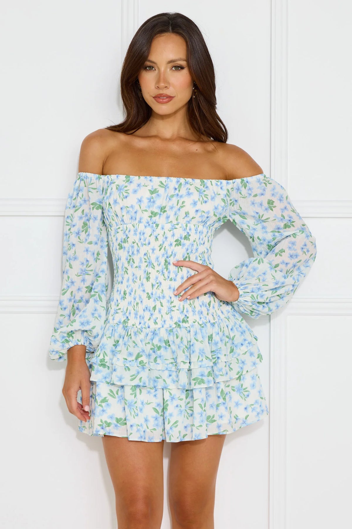 Fashionable Debutante Off Shoulder Mini Dress Blue