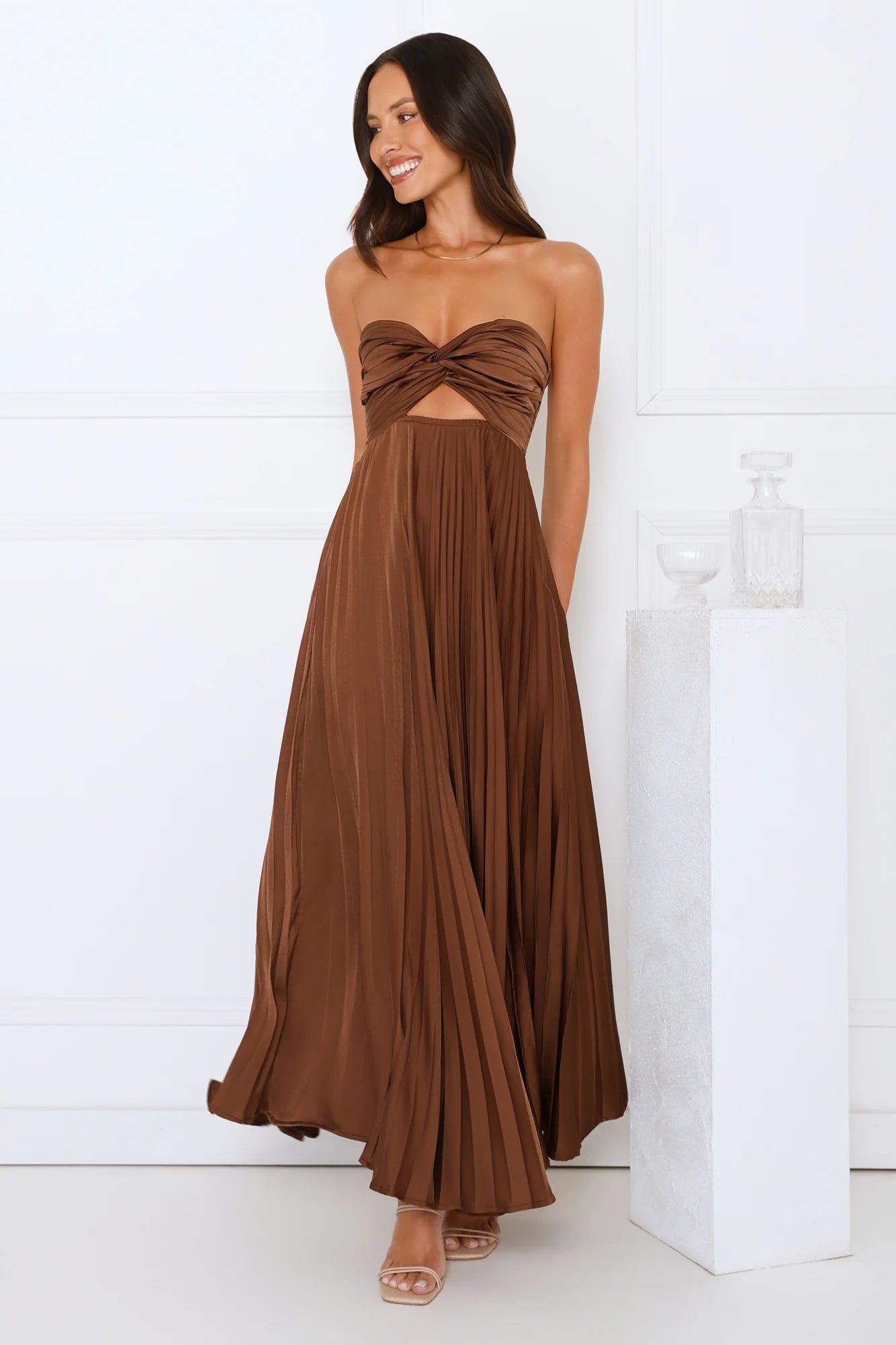 Vibes Are Priceless Strapless Satin Pleated Maxi Dress Brown