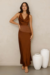 Celestial Spark Satin Maxi Dress Brown