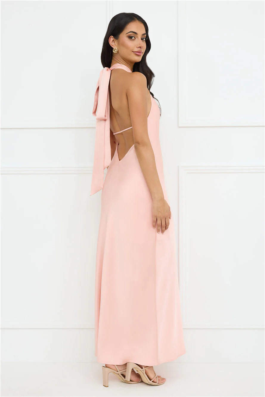 Delicate Dazzle Halter Satin Maxi Dress Peach