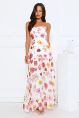 Floral Shine Strapless Maxi Dress White
