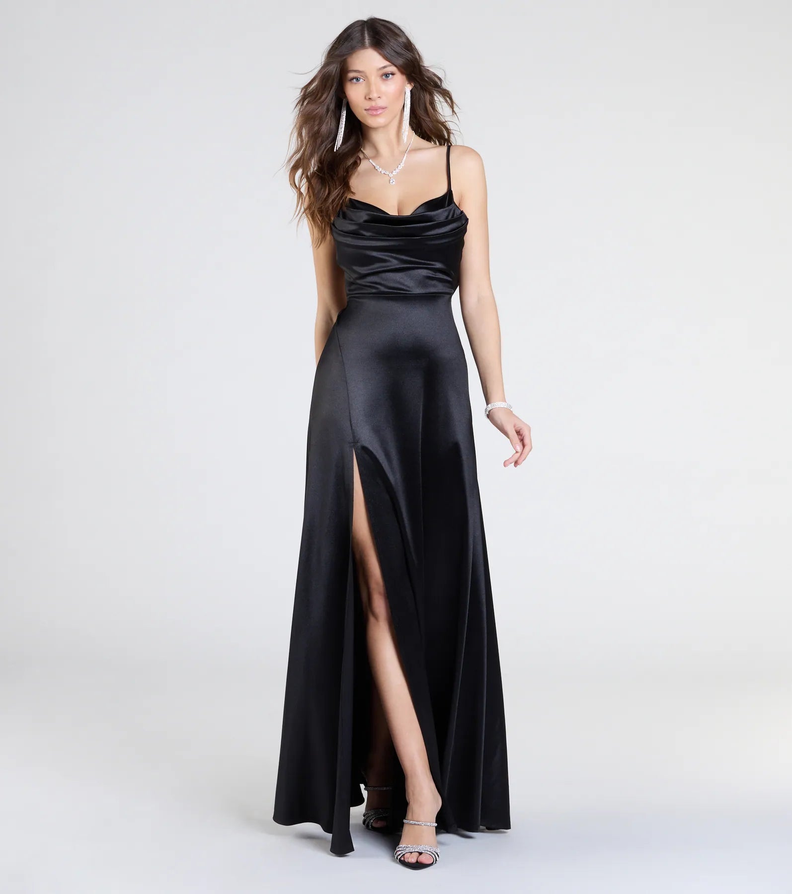 Steffanie Tie-Back Slit A-Line Satin Formal Dress