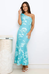 Glossy Girl One Shoulder Mesh Maxi Dress Aqua