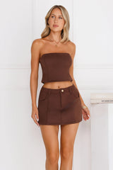Talk Of The Feed Suede Strapless Crop Top Brown