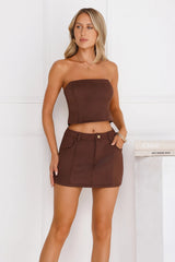 Talk Of The Feed Suede Strapless Crop Top Brown