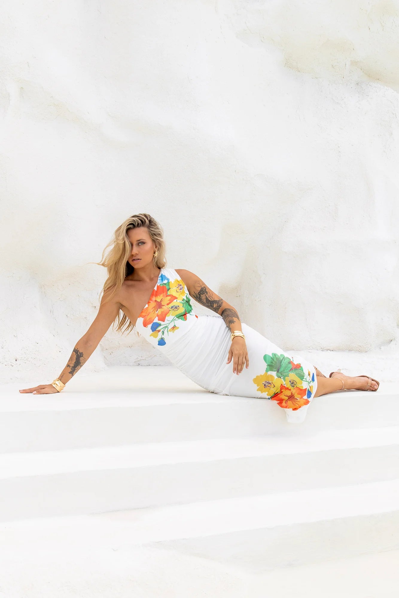 Bloomin' One Shoulder Mesh Maxi Dress White