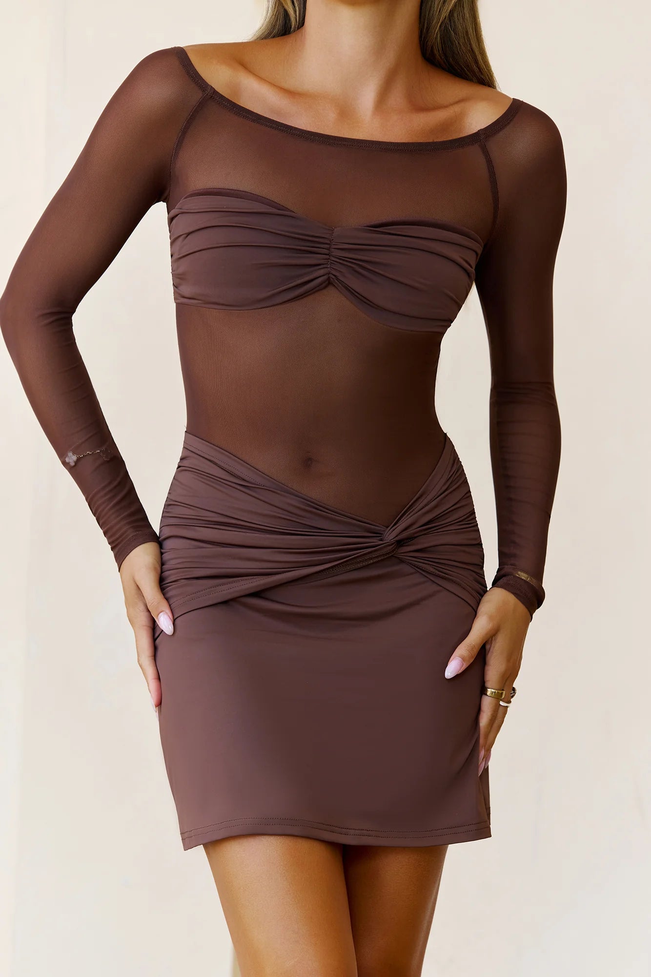 Certified Baddie Mesh Long Sleeve Mini Dress Brown