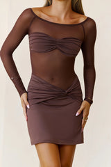 Certified Baddie Mesh Long Sleeve Mini Dress Brown