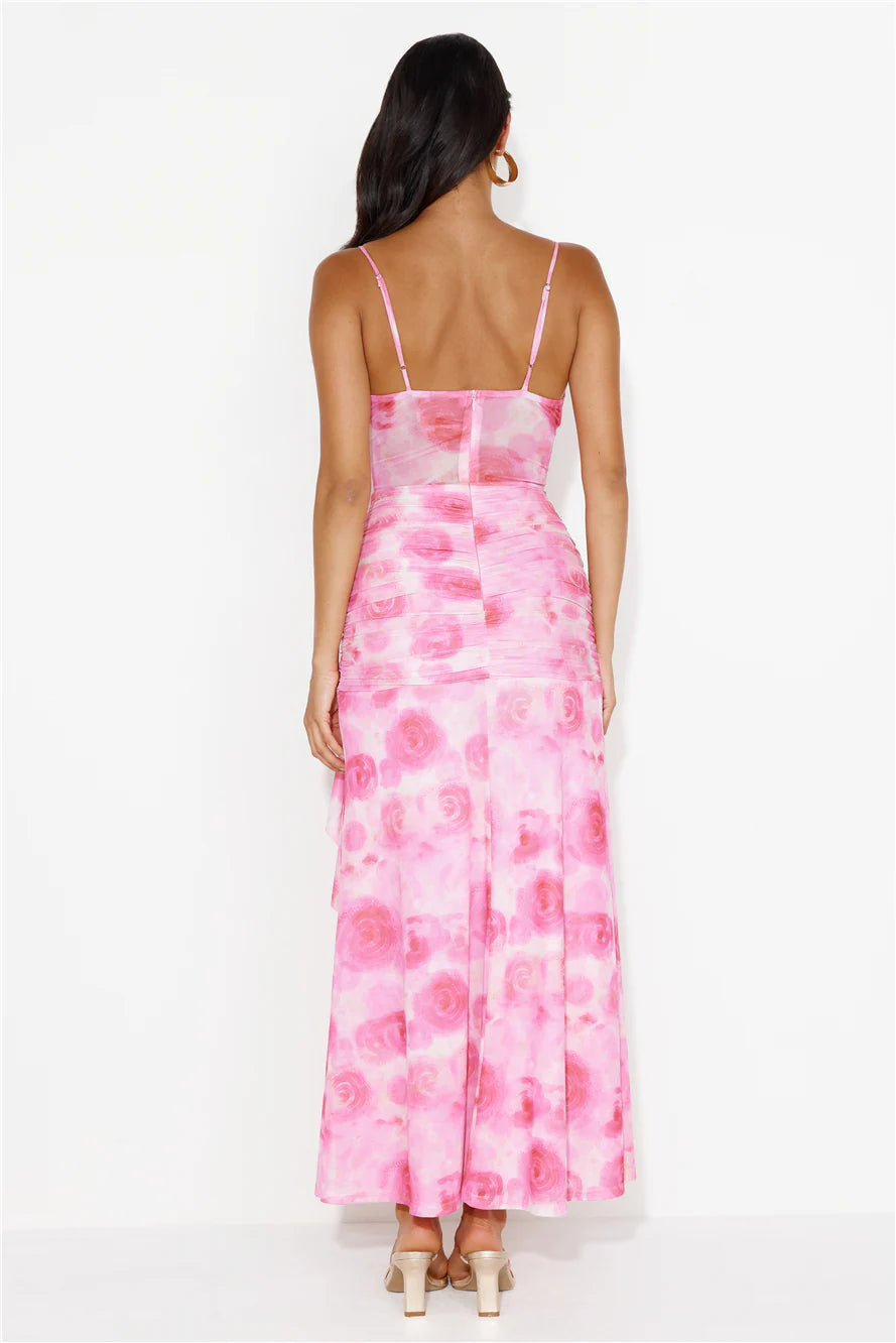 Dj's Music Mesh Frill Maxi Dress Pink