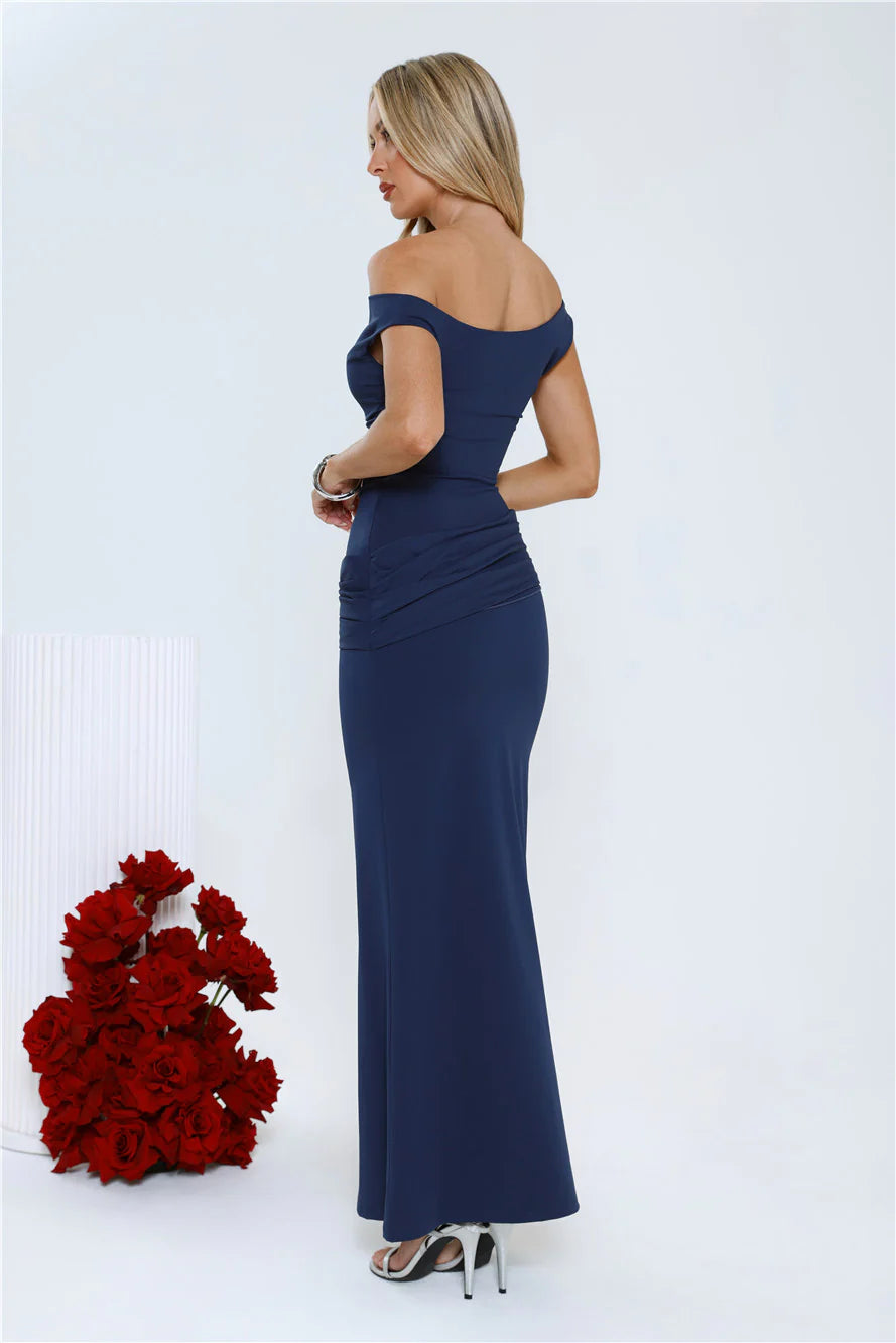 Caught In The Spotlight Off Shoulder Maxi Dress Navy