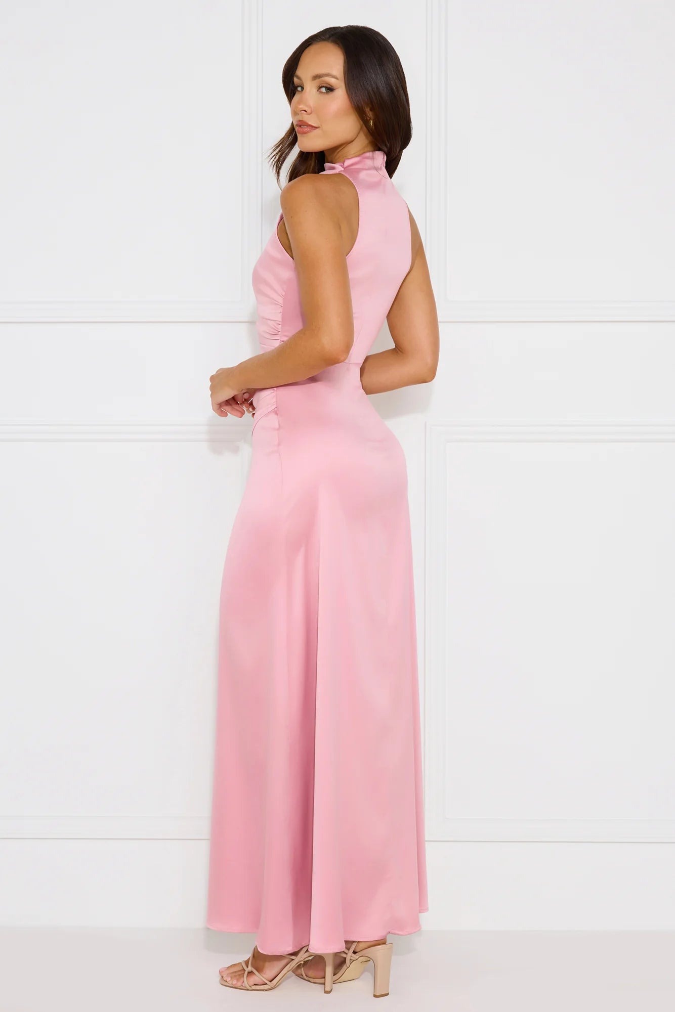 Diamond Cut Satin Maxi Dress Pink