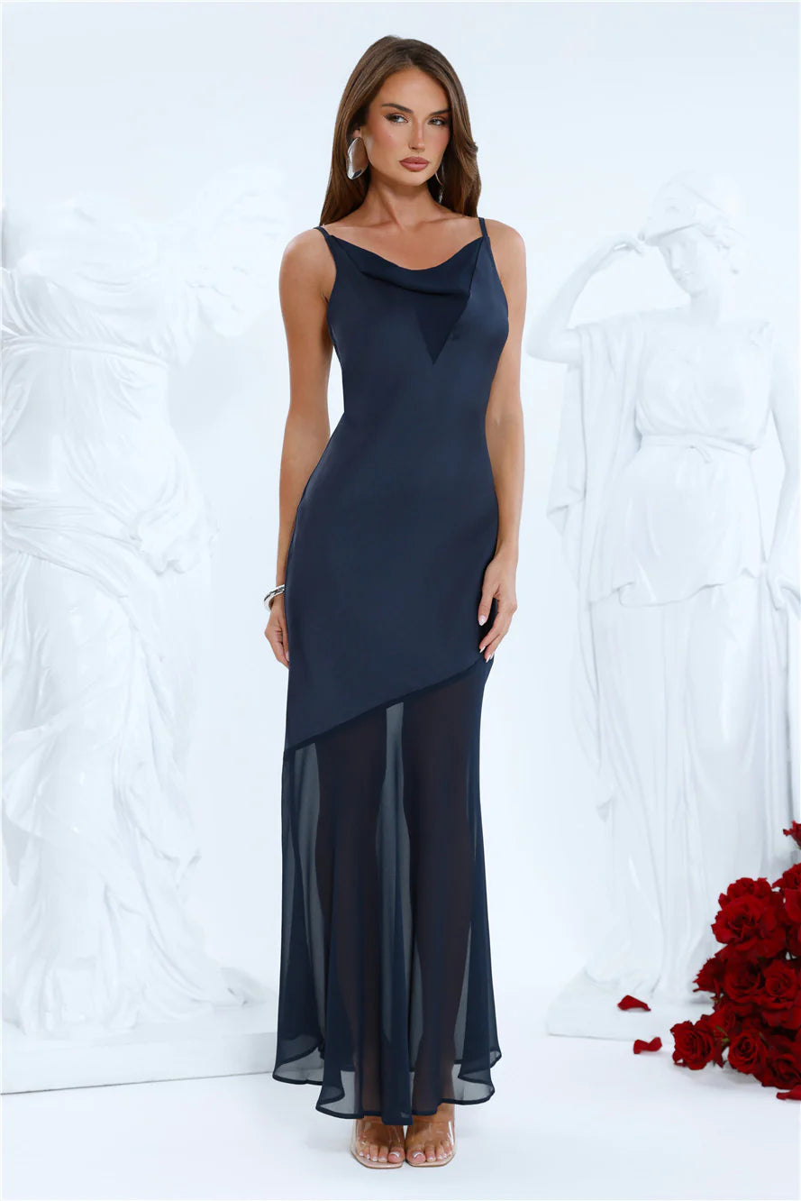 Elegant Simplicity Satin Maxi Dress Navy