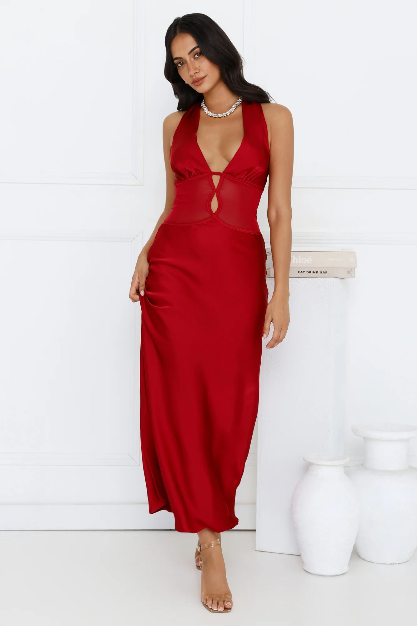 Flowers For Myself Satin Halter Maxi Dress Maroon