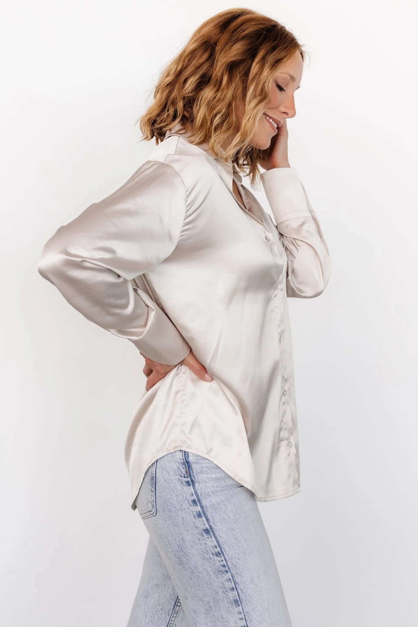 Kacey Satin Button Up Top | Champagne