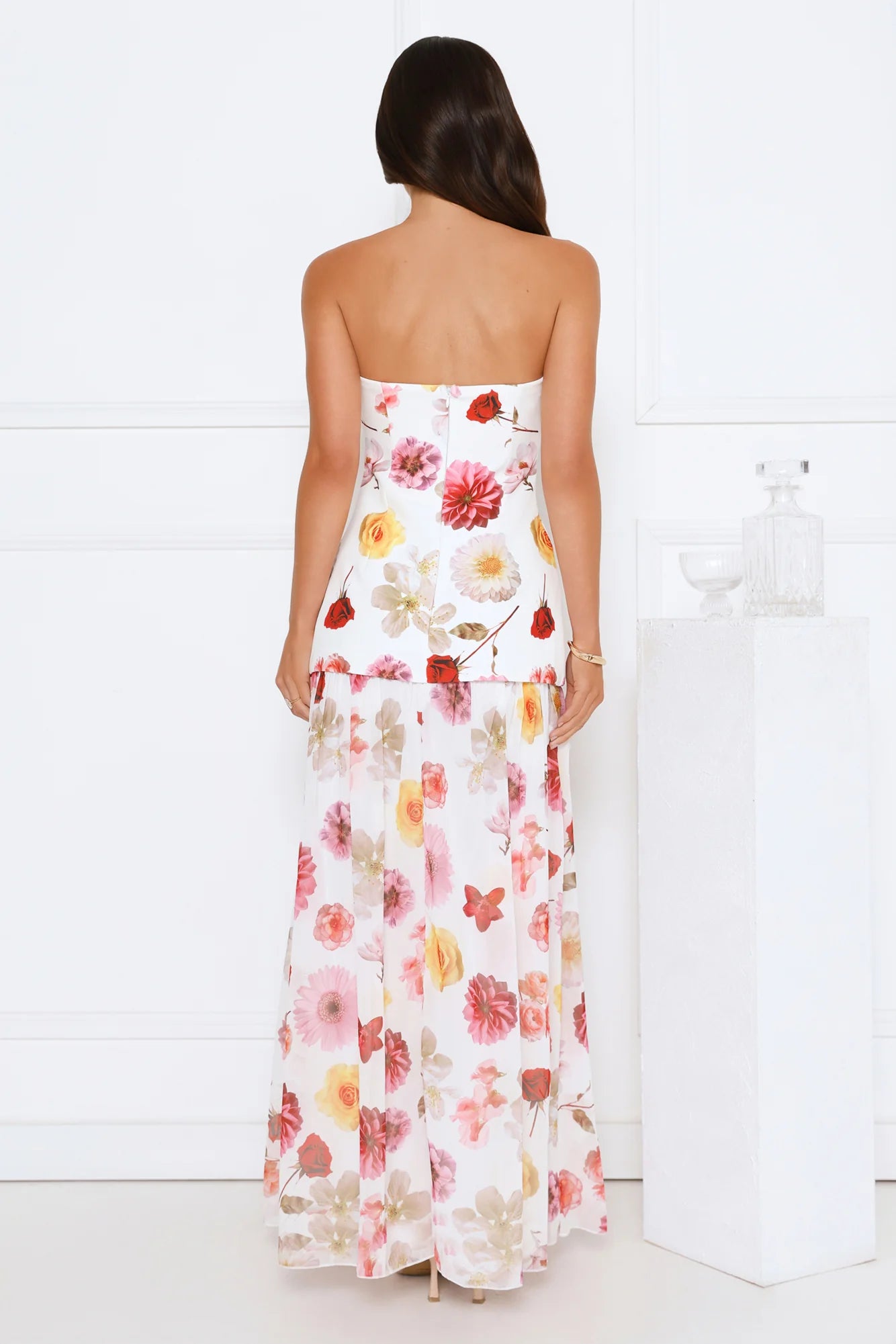 Floral Shine Strapless Maxi Dress White