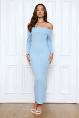 Chilled Luxe Off Shoulder Knit Maxi Dress Blue