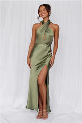 The Adeline Halter Satin Maxi Dress Olive