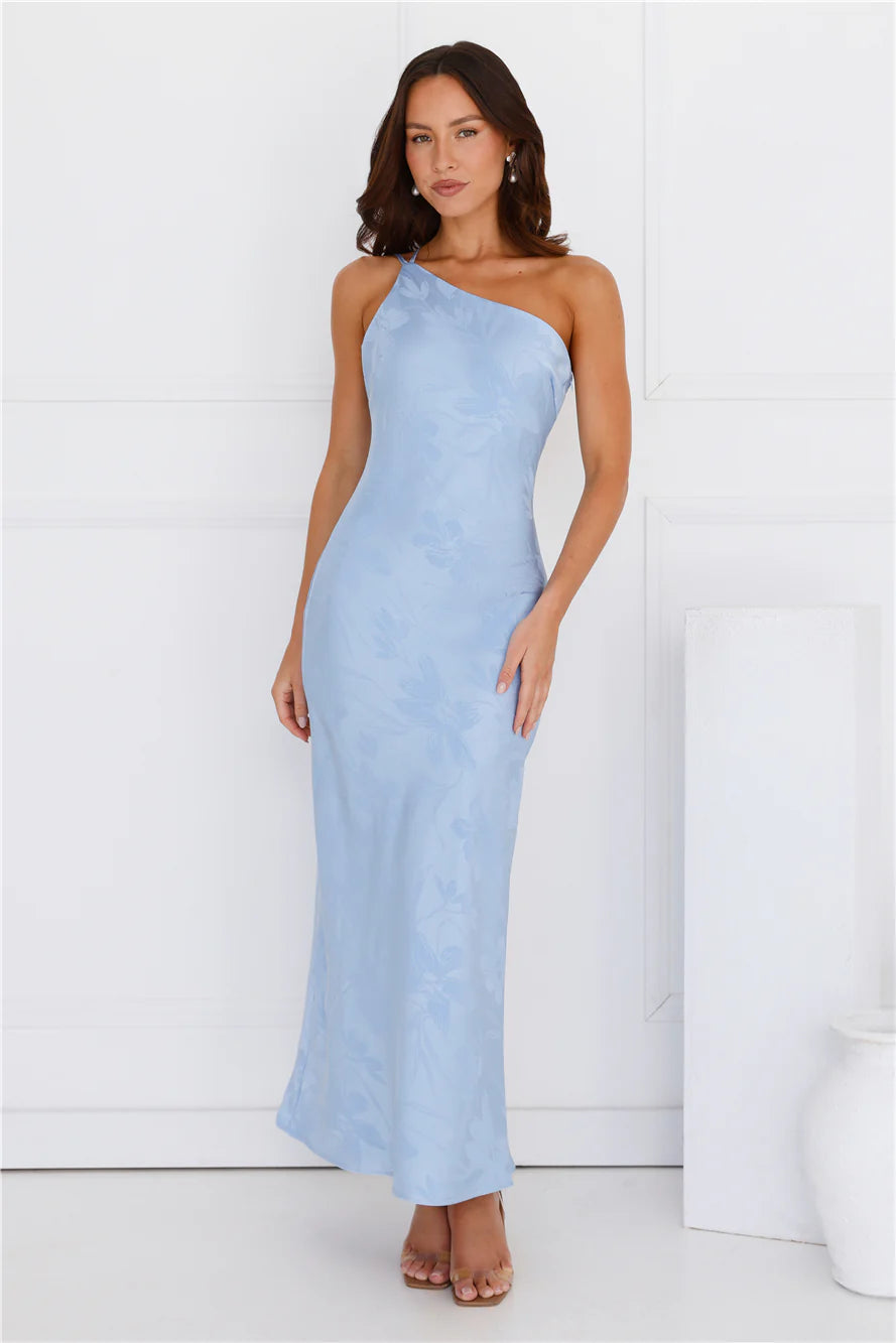 Exotic Bloom One Shoulder Satin Maxi Dress Blue