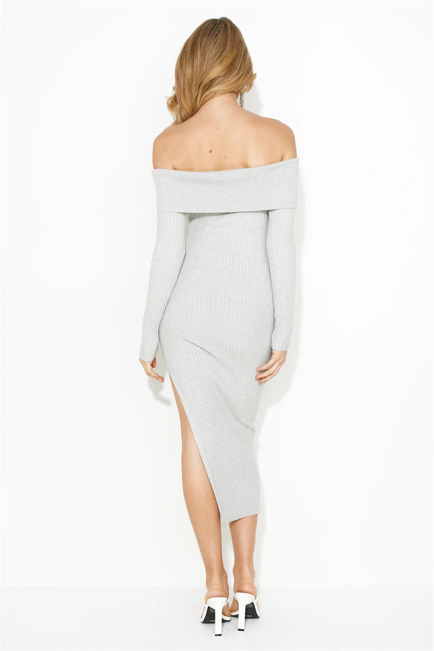 Winter Ice Ribbed Off Shoulder Midi Dress Grey