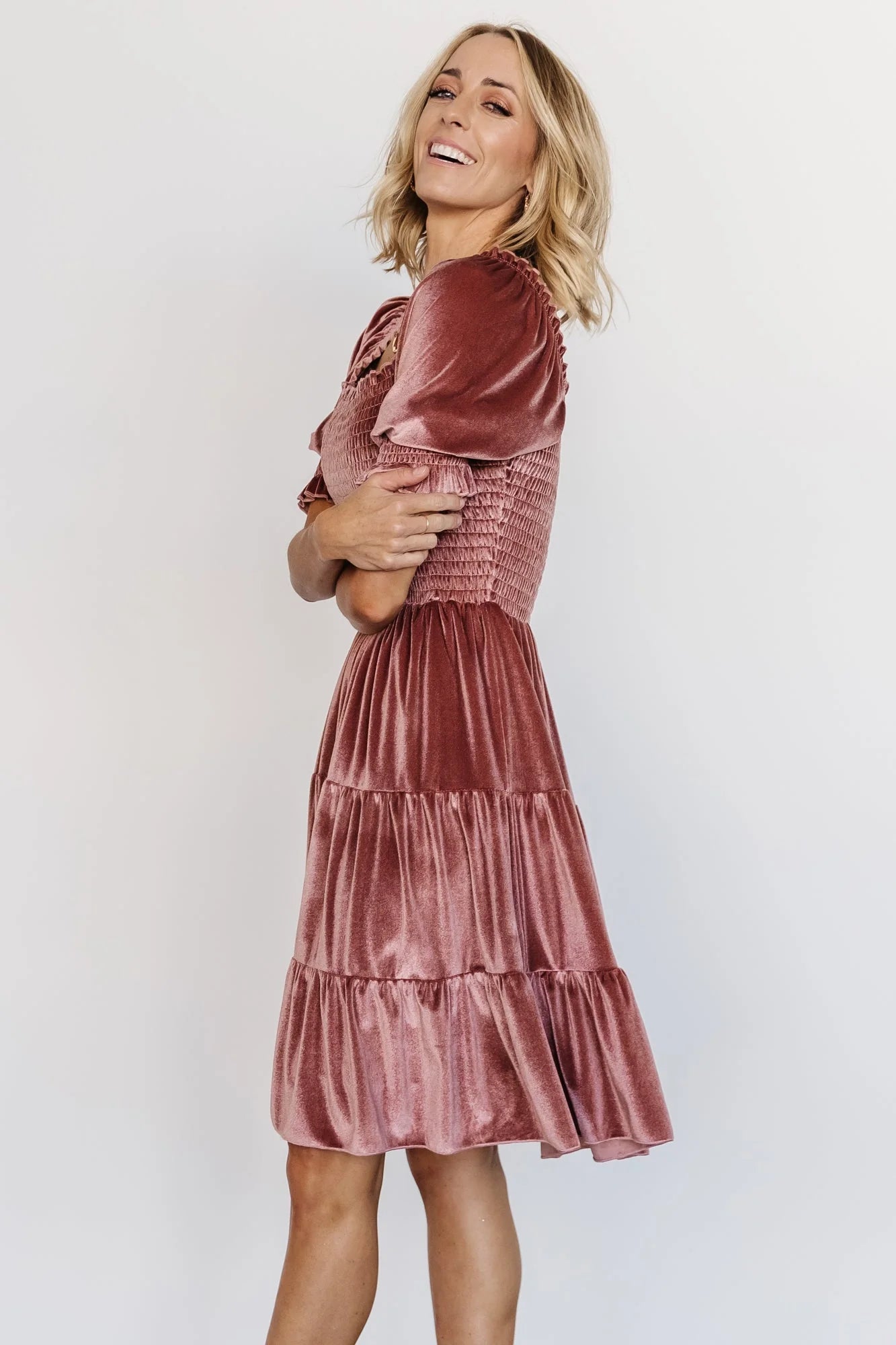 Bliss Smocked Velvet Short Dress | Vintage Rose