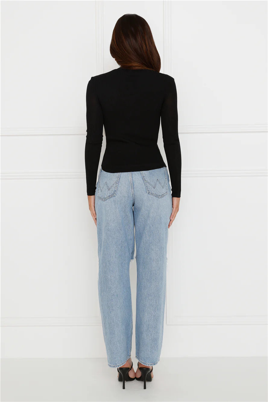 Buttoned Up Ribbed Long Sleeve Top Black