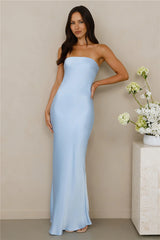 The Felicity Strapless Satin Maxi Dress Blue