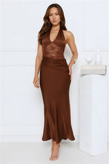 Unlimited Fun Satin Lace Halter Maxi Dress Brown