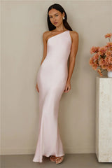 The Evangeline One Shoulder Satin Maxi Dress Pink