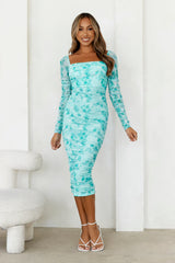 Flicking Pics Long Sleeve Mesh Midi Dress Green