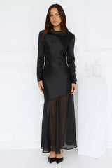 Exquisite Luxury Satin Long Sleeve Maxi Dress Black