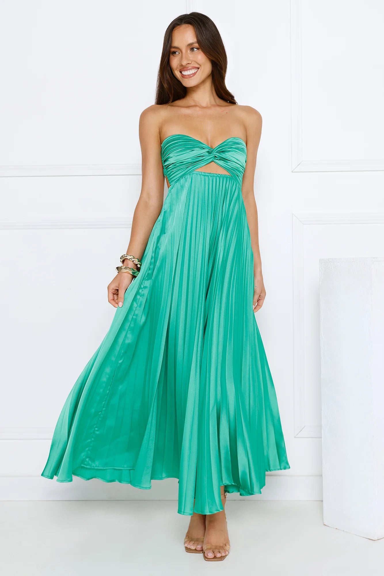 Clouds Of Love Strapless Pleated Maxi Dress Green