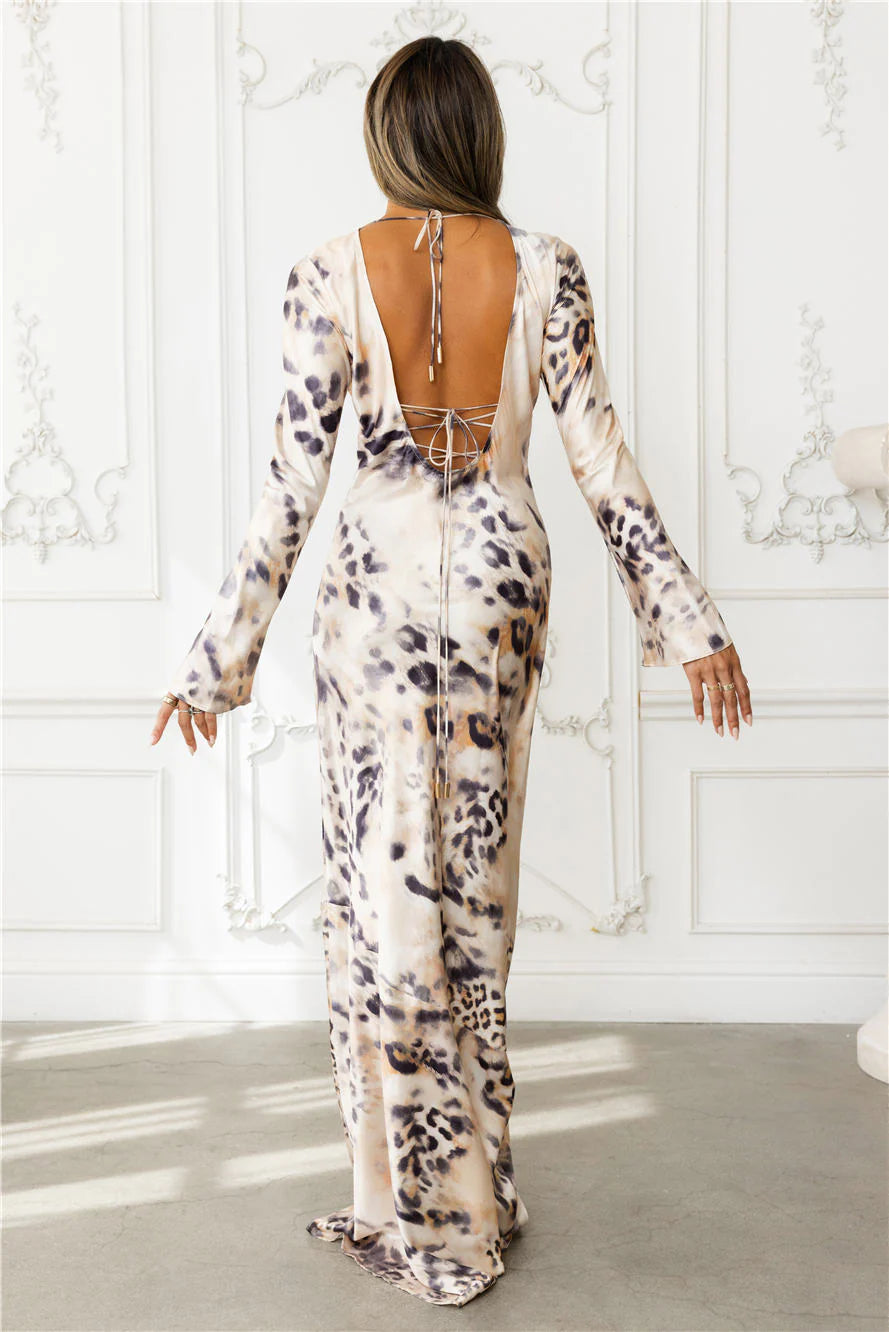 Cheetah Chic Satin Long Sleeve Maxi Dress Multi