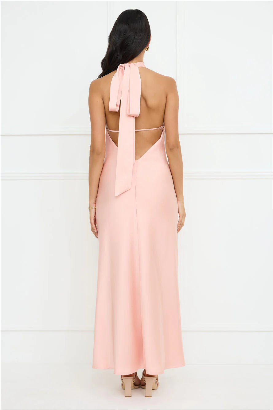 Delicate Dazzle Halter Satin Maxi Dress Peach