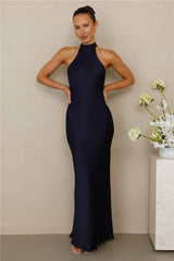 The Cleo Halter Satin Maxi Dress Navy