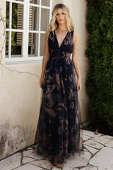 Kamila Tulle Maxi Dress | Dark Blue Floral