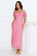 Chic Bloom Society Off Shoulder Maxi Dress Pink