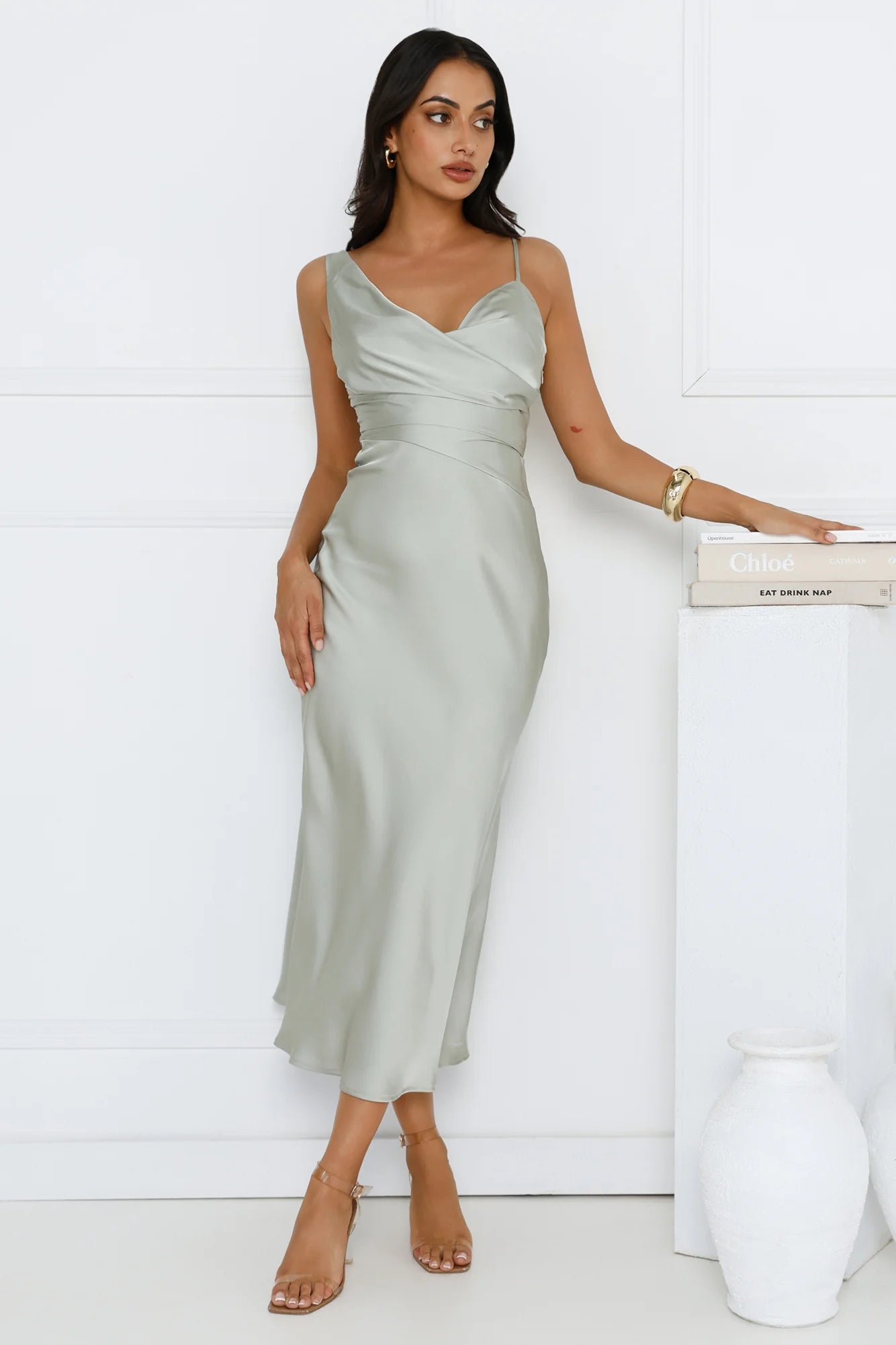 Emberly Satin Midi Dress Sage
