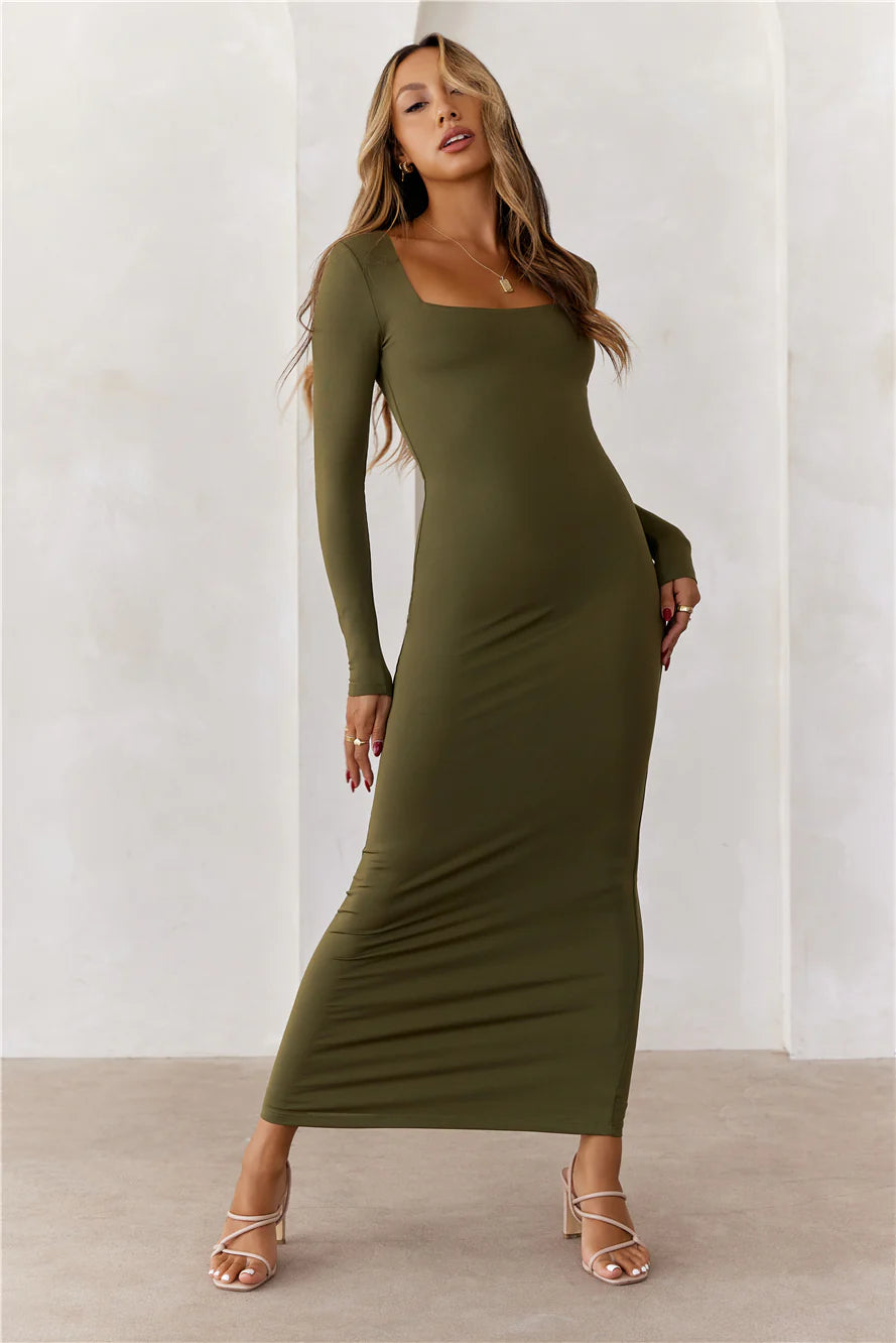 BASE Embrace Shape Long Sleeve Maxi Dress Army