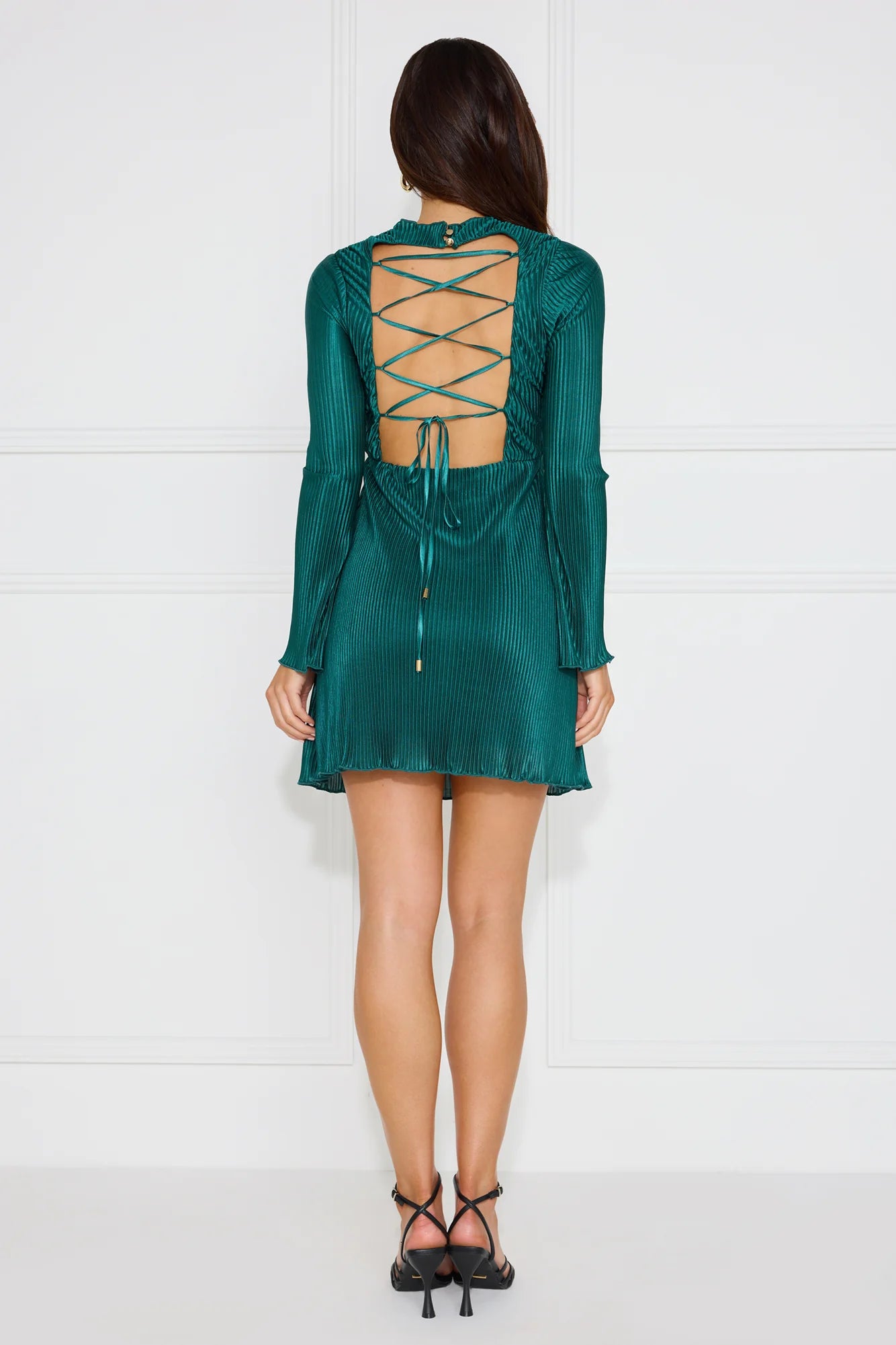 Evenings Of Luxury Plisse Long Sleeve Mini Dress Green