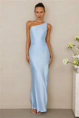 The Aurora One Shoulder Satin Maxi Dress Blue