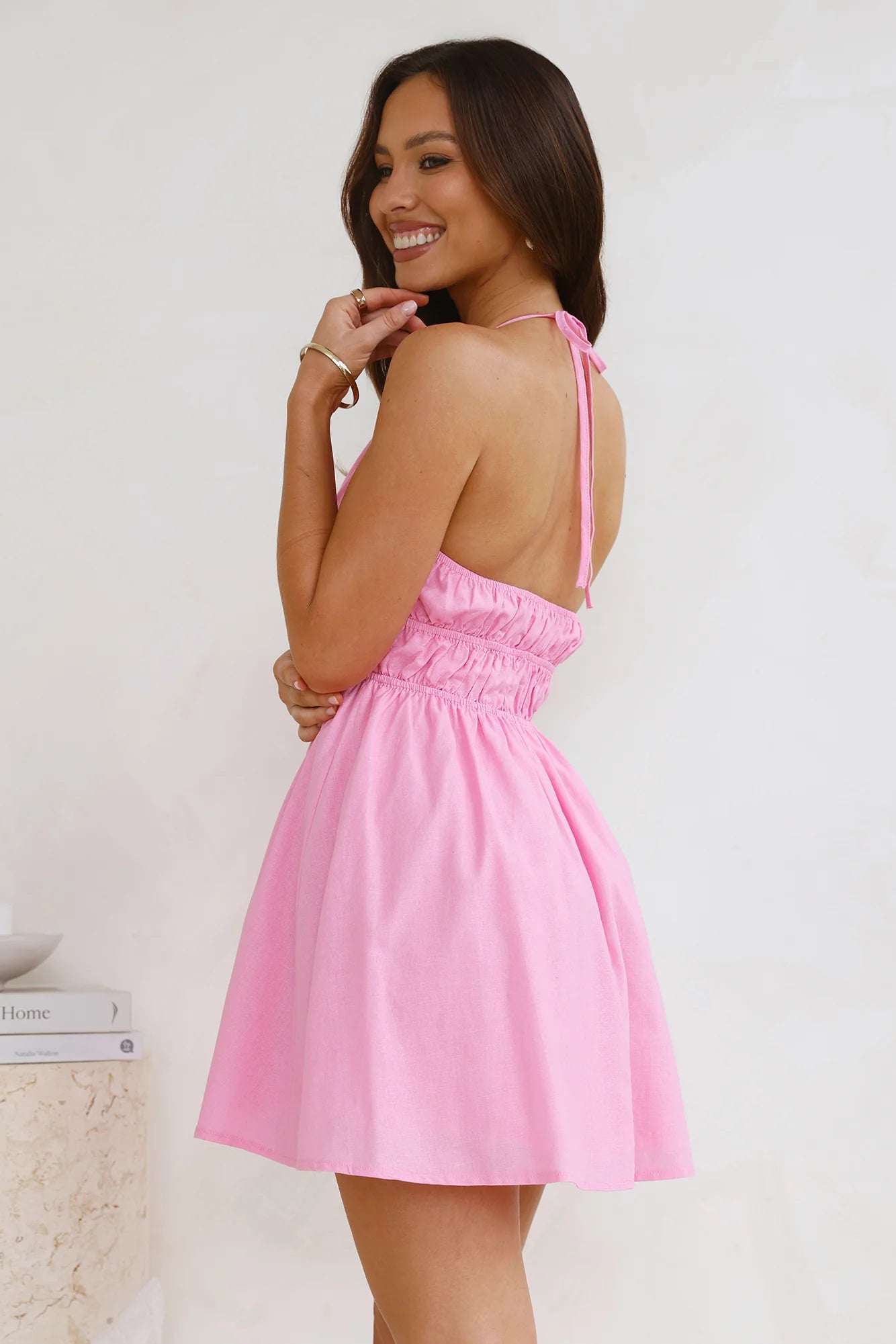 Floating Free Halter Linen Blend Mini Dress Pink