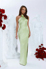 Clover Fields Satin Halter Maxi Dress Lime